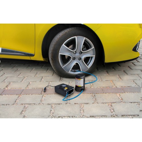 Κομπρεσέρ Ελαστικών 12V 450ml με υγρό επισκευής 450ml Μανόμετρο ΚΑΙ Μετρητή Πίεσης