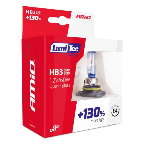 Amio - Λάμπες Αλογόνου HB3 9005 12V 60W LumiTec Limited +130% Φως έως 40m για Μεγάλη Σκάλα & Πορείας με Λευκό Φως 4300K και UV Protection για Καθαρό Φωτισμό - 1 Σετ (02103/AM)