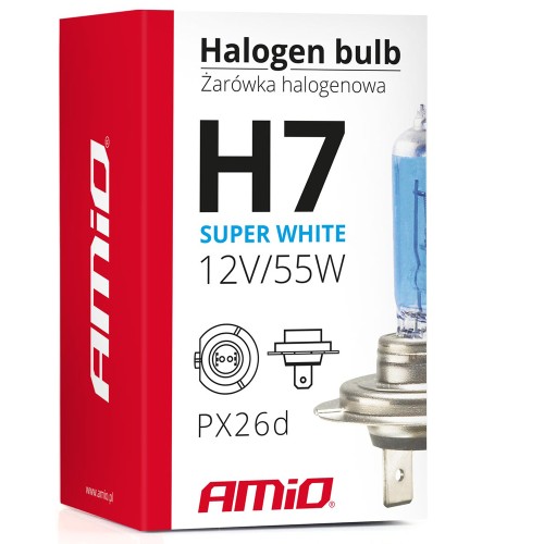 Amio - λάμπα τύπου H7 αλογόνου τάση λειτουργίας 12V απόδοση 55W τύπος βάσης PX26d Super White για φώτα αυτοκινήτου – 1 τεμ. (01157/AM)