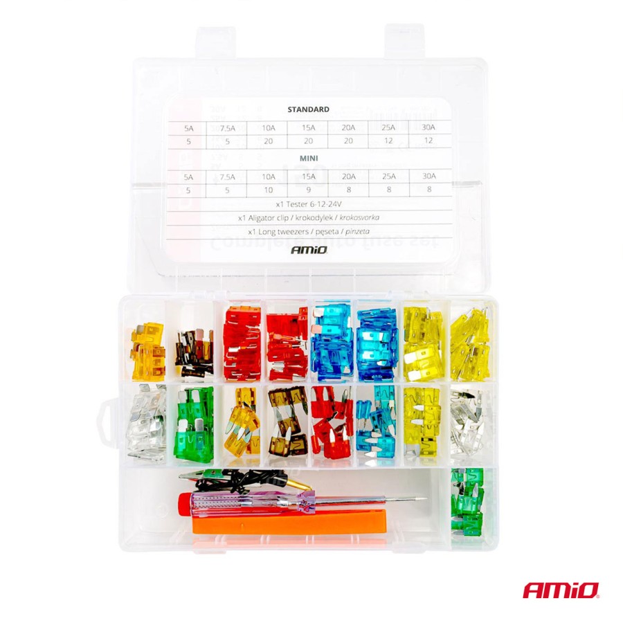 Amio - ΑΣΦΑΛΕΙΕΣ STANDARD/MICRO ΜΕ ΔΟΚΙΜΑΣΤΙΚΟ ΚΑΤΣΑΒΙΔΙ 6-24V & ΕΡΓΑΛΕΙΟ ΑΦΑΙΡΕΣΗΣ SET - 150 ΤΕΜ. (03037/AM)