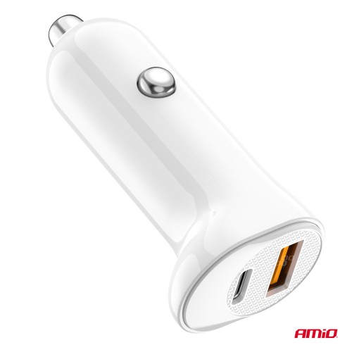 Amio - ΦΟΡΤΙΣΤΗΣ ΑΝΑΠΤΗΡΑ 12/24V ΜΕ 2 ΘΥΡΕΣ USB-C+USB 20W 5V/3AQC ΤΑΧΕΙΑΣ ΦΟΡΤΙΣΗΣ ΛΕΥΚΟΣ - 1 Τεμ. (03875/AM)