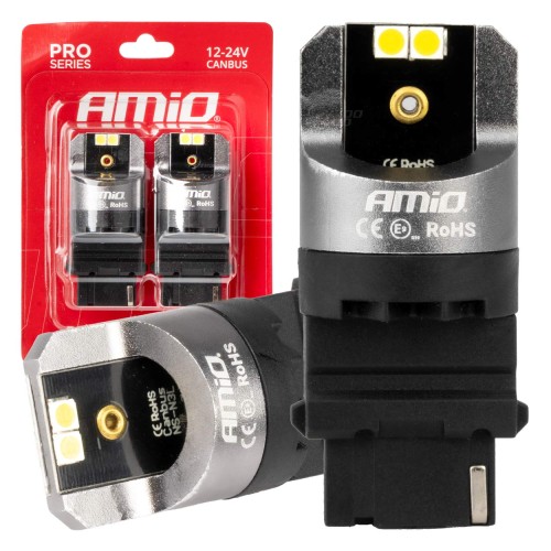 Amio - ΛΑΜΠΕΣ P27W 12/24V 6.000K 4SMD LED CAN-BUS ΛΕΥΚΑ PRO SERIES - 2 ΤΕΜ. (03587/AM)