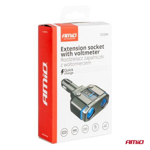 Amio - ΑΝΤΑΠΤΟΡΑΣ ΑΝΑΠΤΗΡΑ ΔΙΠΛΟΣ 12/24V ΜΕ ΒΟΛΤΟΜΕΤΡΟ ΜΕ 3 ΘΥΡΕΣ USB - 1 Τεμ. (04174/AM)