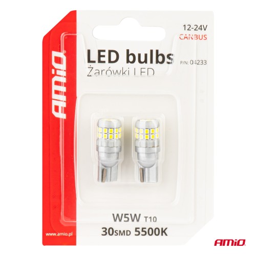 Amio - ΛΑΜΠΑΚΙΑ T10 W5W 12V/24V LED CAN-BUS 30xSMD 2016 ΛΕΥΚΟ 5500K - 2 ΤΕΜ. (04233/AM)
