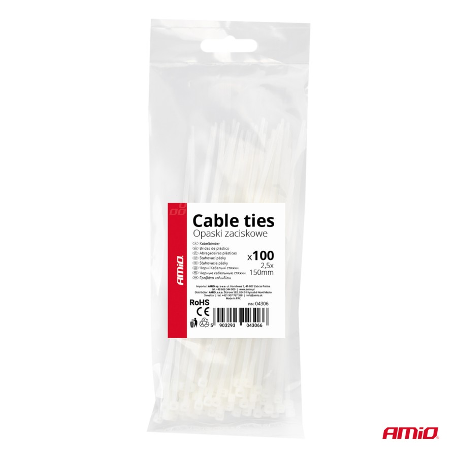 Amio - ΔΕΜΑΤΙΚΑ/ΔΕΤΙΚΑ ΚΑΛΩΔΙΩΝ TIE WRAP (ΤΑΙΡΑΠ) 2.5 x 150mm (ΛΕΥΚΟ) - 100 ΤΕΜ. (04306/AM)