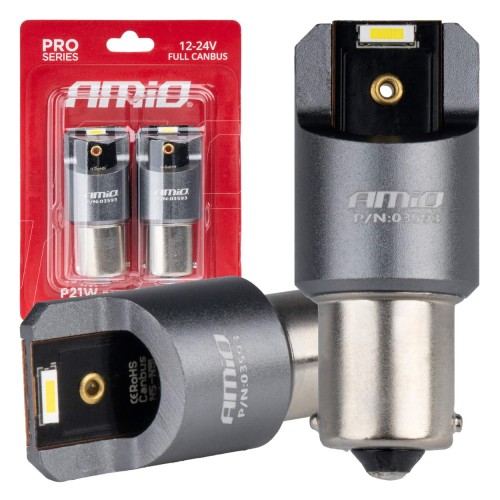 Amio - ΛΑΜΠΕΣ LED CAN-BUS P21W BA15S 12/24V 6.000K 2xSMD ΛΕΥΚΟ PRO SERIES - 2 ΤΕΜ. (03593/AM)