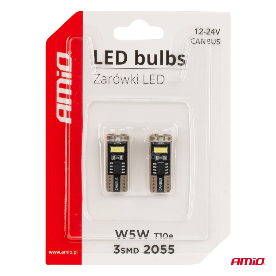 Amio - ΛΑΜΠΑΚΙΑ LED T10e W5W 12/24V 3x2055 SMD LED CAN-BUS ΛΕΥΚΟ - 2 ΤΕΜ. (03720/AM)