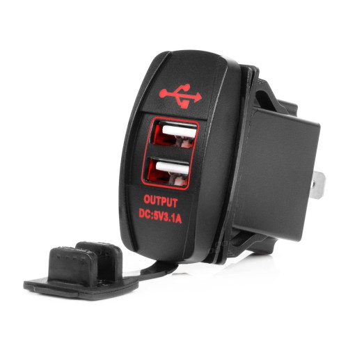 Amio - Πρίζα με 2 Θύρες USB και Καπάκι 12/24V Αδιάβροχη Μακρόστενο Σχήμα με Κόκκινο LED Φως Μαύρη - 1 τεμ. (04228/AM)
