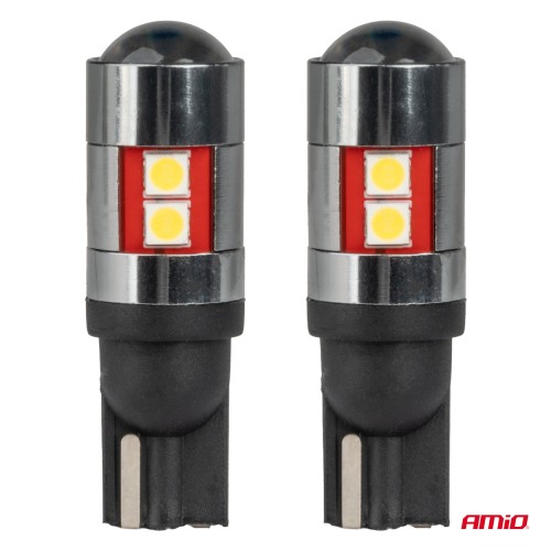 Amio - Λάμπες LED CAN Bus T10 W5W (W2.1x9.5d) Universal για Επιβατικά Αυτοκίνητα & Φορτηγά με τάση 12V-48V & 9xSMD 3030 σε Λευκή απόχρωση 5500K Chrome/Black - Σετ 2 τεμ. (04244/AM)