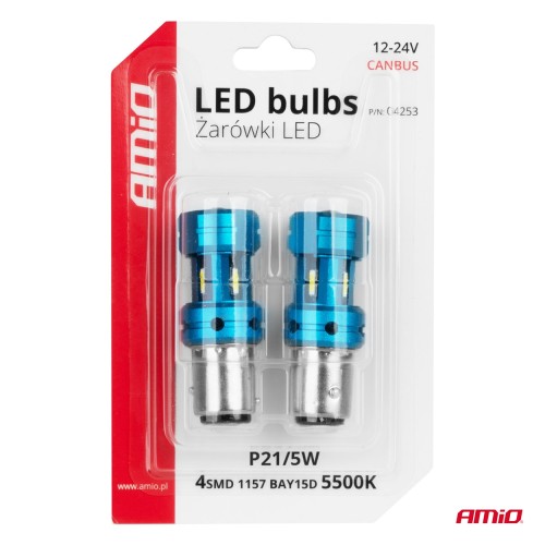 Amio - Λάμπες LED Αυτοκινήτου LED CANBUS 1157 BAY15D P21/5W 4SMD 1860 6000K Λευκή – Universal 12V/24V - 2 Τεμ. (04253/AM)