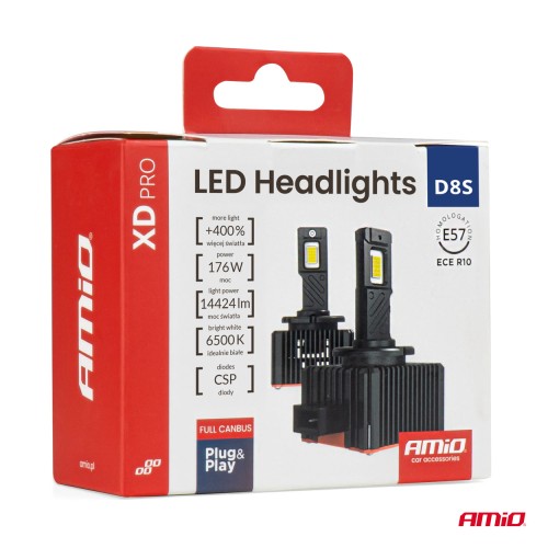 Amio - Λαμπτήρες LED Φώτων Εμπρός τύπου D8S βάση PK32d-1 τάση λειτουργίας 12V απόδοσης 176W (14424lm) XD PRO Series FULL CANBUS 6500K με ψύκτρα Plug & Play για Επιβατικά Αυτοκίνητα - 2 τεμ. (04684/AM)