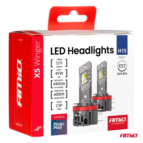 Amio - Λαμπτήρες LED Φώτων Εμπρός τύπου H15 βάση PGJ23t-1 τάση λειτουργίας 12V απόδοσης 45W (4400lm) X5 Series WINGER 6000K Plug & Play για Επιβατικά Αυτοκίνητα - 2 τεμ. (04685/AM)