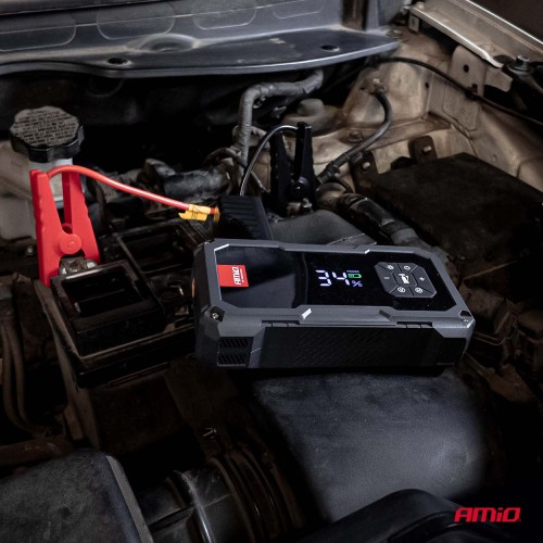 Amio - Φορητός Εκκινητής Μπαταρίας (Jump Starter) με ενσωματωμένο Κομπρεσέρ Αέρα, Powerbank και Φακό LED τάση λειτουργίας 12V με χωρητικότητα 7,2Ah και μέγιστο ρεύμα εκκίνησης 600A για Επιβατικά Αυτοκίνητα - 1 τεμ. (04674/AM)