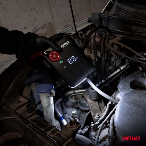 Amio - Φορητός Εκκινητής Μπαταρίας (Jump Starter) Mini με ενσωματωμένο Κομπρεσέρ Αέρα, Powerbank και Φακό LED τάση λειτουργίας 12V με χωρητικότητα 7,2Ah και μέγιστο ρεύμα εκκίνησης 600A για Επιβατικά Αυτοκίνητα - 1 τεμ. (04675/AM)