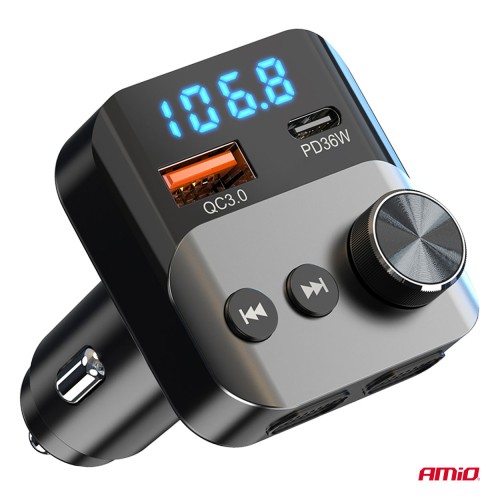 Amio - FM Transmitter Αναπτήρα τύπου FMT01 τάση λειτουργίας για Επιβατικά Αυτοκίνητα και Φορτηγά με 1xUSB Type-A και 1xUSB Type-C για Επιβατικά Αυτοκίνητα και Φορτηγά - 1 τεμ. (04647/AM)