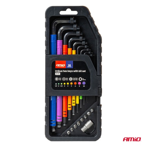 Amio – Κλειδιά Allen Imbus CR-V 1.5-10mm με Μύτες & Αντάπτορα Heavy Duty για Σταθερή Τοποθέτηση Εργαλείου & Καθημερινή Χρήση – Σετ 18 Τεμ. (04787/AM)